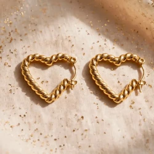 Aros Acero Dorado Argollas Corazon Labrado