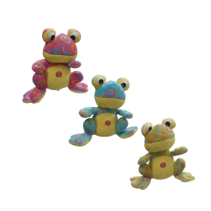 peluche infantil chico rana con sonido en color fucsia, celeste y verde