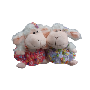 PELUCHE INFANTIL OVEJA CHICA CON VESTIDO FLOREADO EN COLOR ROSA Y LILA